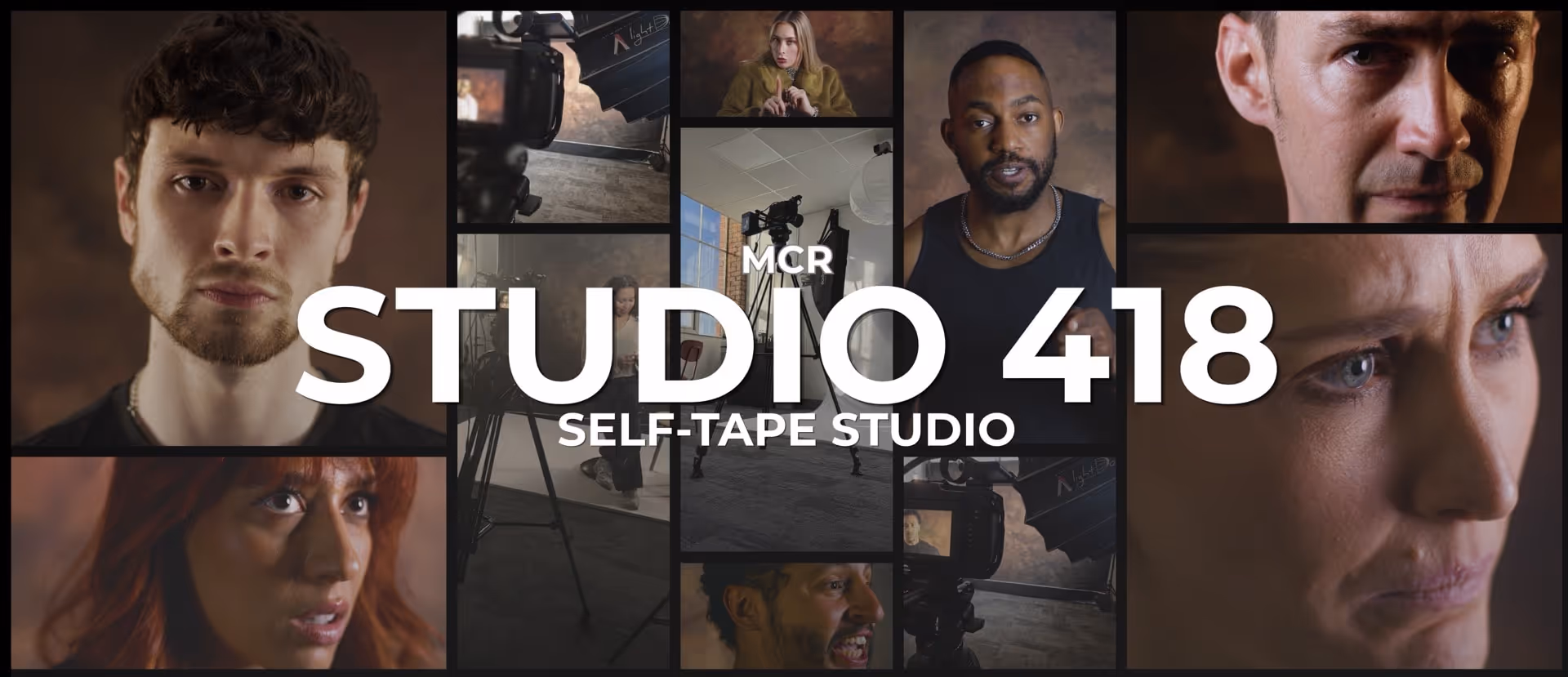 Collage of diverse actors' close-up portraits and filming equipment with text 'MCR STUDIO 418 SELF-TAPE STUDIO' overlaid.